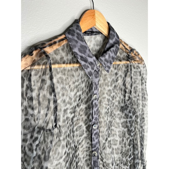 ZARA Sheer Leopard Print Button Up Shirt Puff Sleeve Blouse Top M - Picture 2 of 5